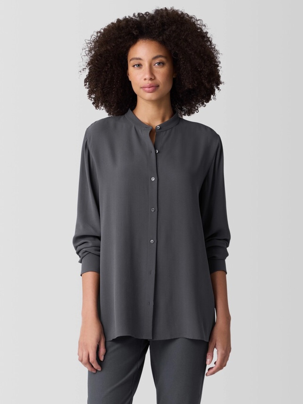 Eileen Fisher Silk Georgette Crepe Band Collar Shirt Large Long Sleeve Gray Blue
